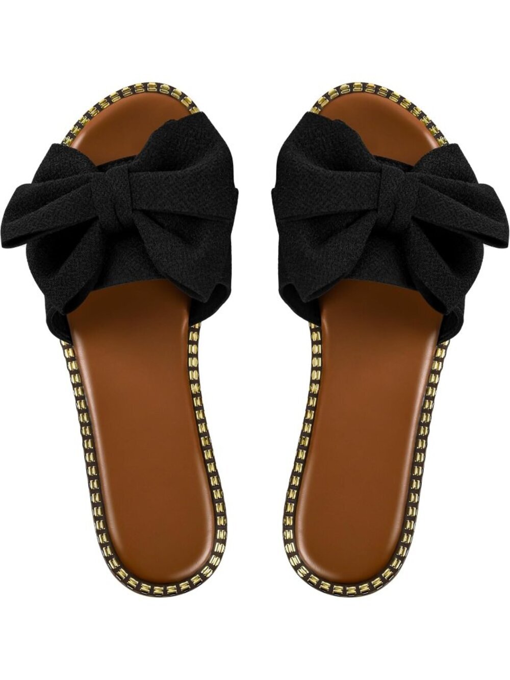 Women's Black Bow Knot Slides Open Toe Flat Slip On Faux Leather Slippers